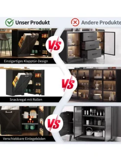 360° Drehbare Essbar Sideboardschrank mit seitlichen Ablagen und Klapptür