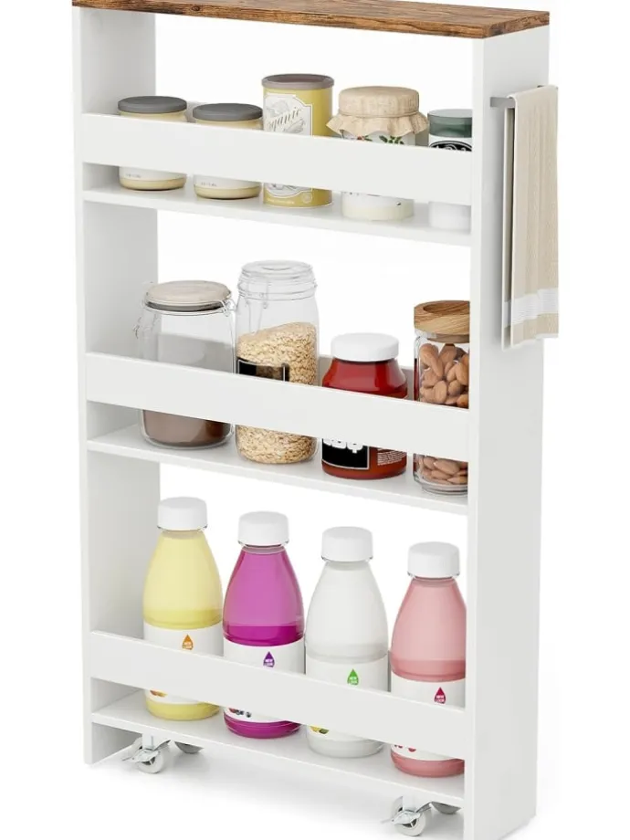 4 Ebenen Nischenregal auf Rollen in Beige