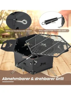 2 in 1 Holzkohlegrill Feuerstelle 77x74x38cm in Schwarz