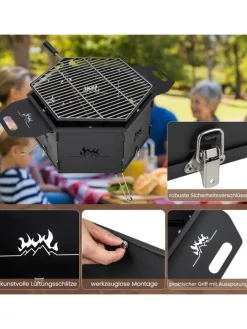 2 in 1 Holzkohlegrill Feuerstelle 77x74x38cm in Schwarz