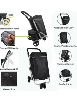48 L Einkaufswagen + 12 L Kühltasche Einkauf Trolley Trolley in Schwarz