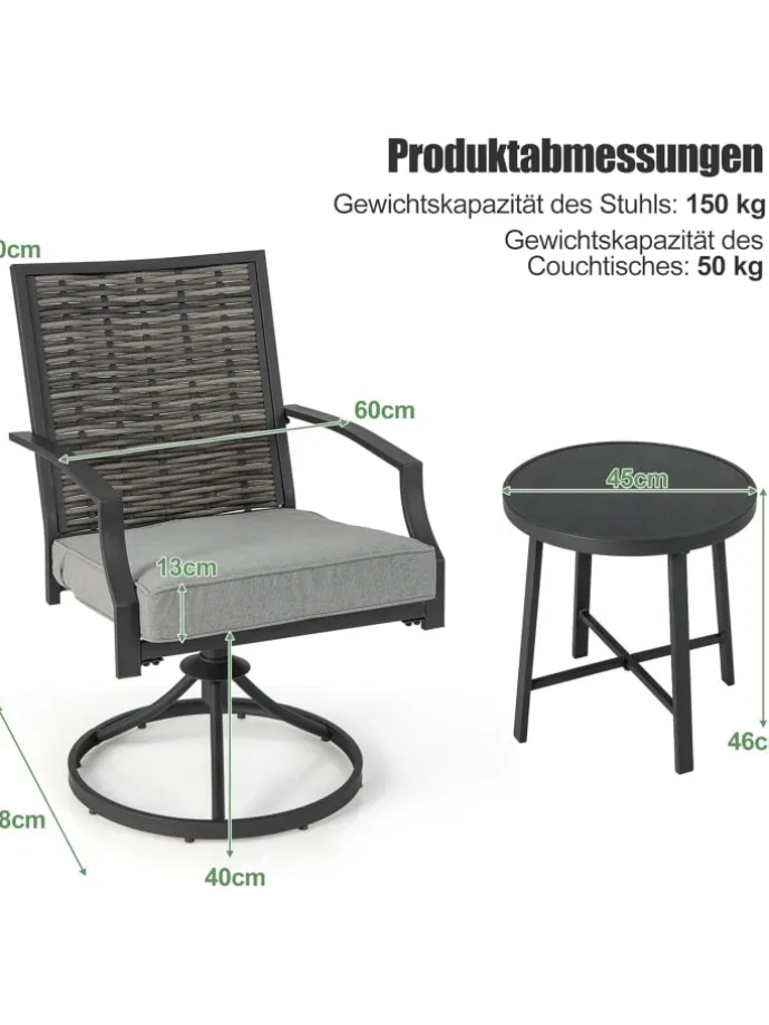 3 tlg. Balkonmöbel Set mit Drehfunktion in Grau