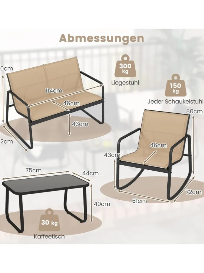 4 tlg. Gartenmöbel Set mit Schaukelfunktion in Braun