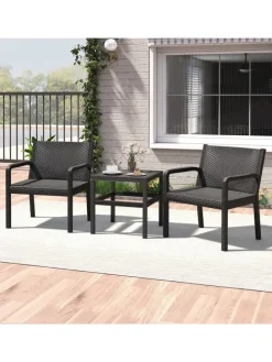 3 tlg. Rattan Gartenmöbel Set in Schwarz