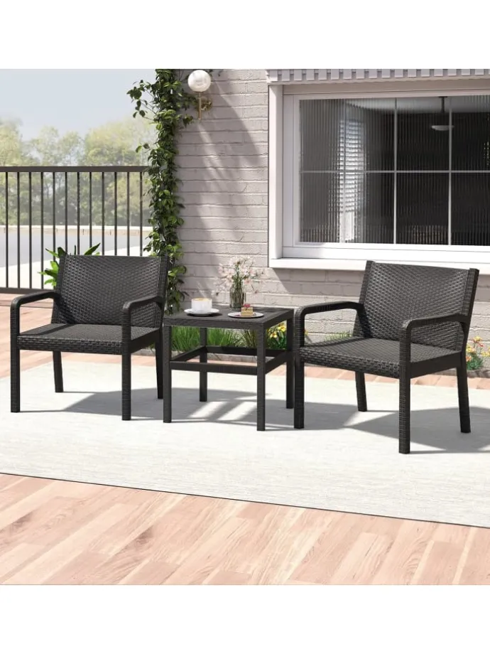 3 tlg. Rattan Gartenmöbel Set in Schwarz