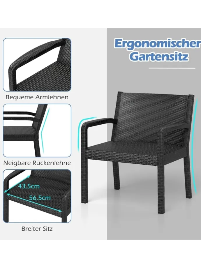 3 tlg. Rattan Gartenmöbel Set in Schwarz