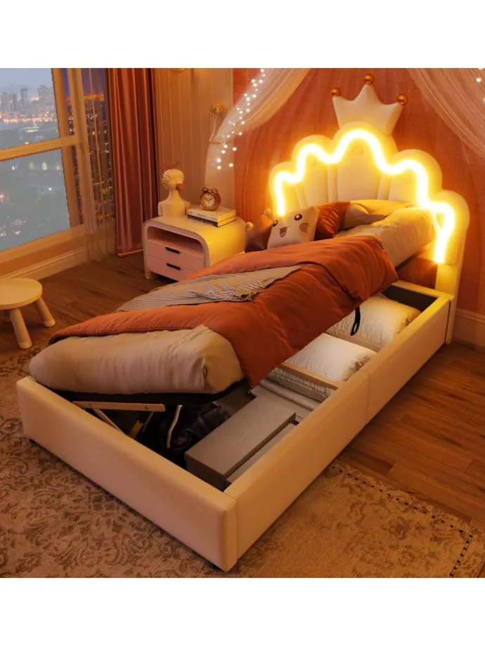 90 x 200 cm Einzelbetten Polsterbett mit LED, Verstellbares Kopfteil, Weiß