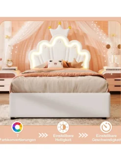 90 x 200 cm Einzelbetten Polsterbett mit LED, Verstellbares Kopfteil, Weiß