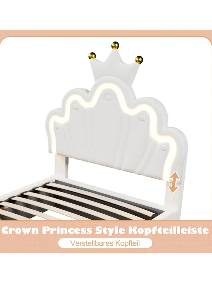 90 x 200 cm Einzelbetten Polsterbett mit LED, Verstellbares Kopfteil, Weiß