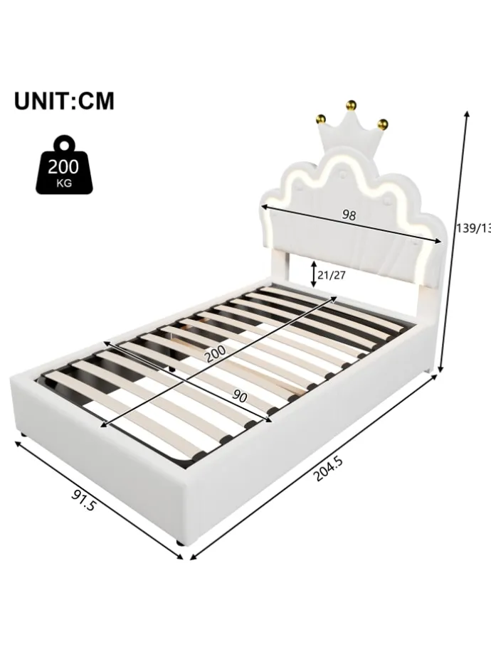 90 x 200 cm Einzelbetten Polsterbett mit LED, Verstellbares Kopfteil, Weiß
