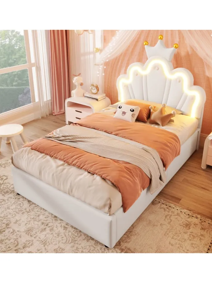 90 x 200 cm Einzelbetten Polsterbett mit LED, Verstellbares Kopfteil, Weiß