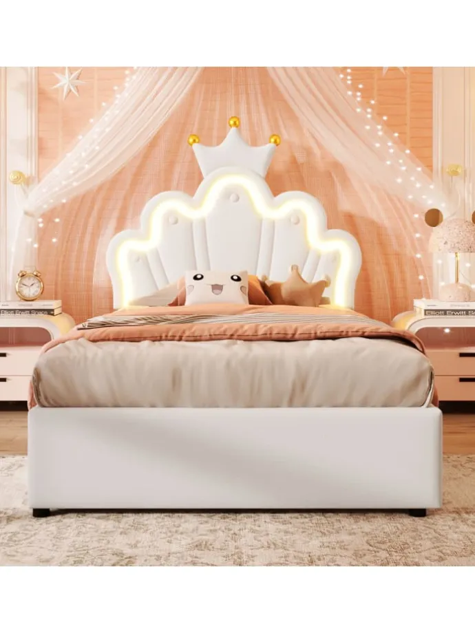 90 x 200 cm Einzelbetten Polsterbett mit LED, Verstellbares Kopfteil, Weiß