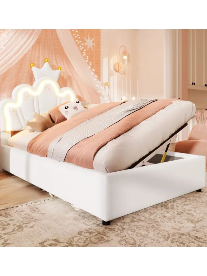 90 x 200 cm Einzelbetten Polsterbett mit LED, Verstellbares Kopfteil, Weiß