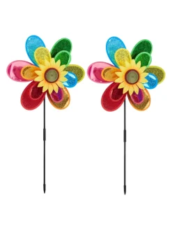 2 x Windrad "Blume" in Bunt - (B)38 x (H)75 x (T)14 cm