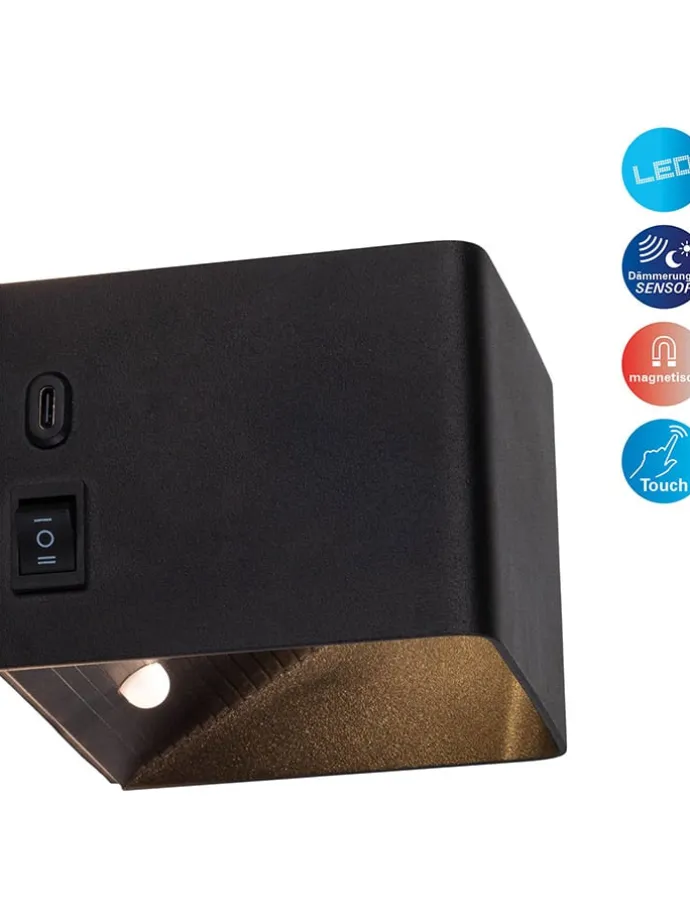 Akku-LED-Wandleuchte "Cube" in Schwarz - (B)10 x (H)8 x (T)10 cm