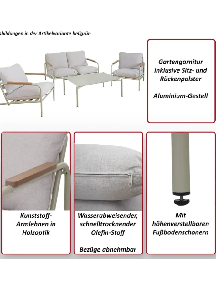 Aluminium-Gartengarnitur O11, Hellgrün Polster beige