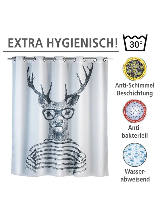 Anti-Schimmel-Duschvorhang "Mr. Deer" in Weiß/ Schwarz - (L)200 x (B)180 cm