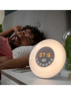 Aufladbarer Sonnenaufgangswecker mit Lautsprecher in Weiß - Ø 16 cm