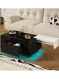 Ausziehbarer Couchtisch mit LED einstellbarem Lichtband und Stauraum, Schwarz