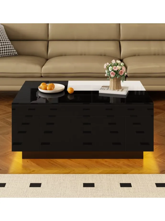 Ausziehbarer Couchtisch mit LED einstellbarem Lichtband und Stauraum, Schwarz