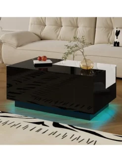 Ausziehbarer Couchtisch mit LED einstellbarem Lichtband und Stauraum, Schwarz