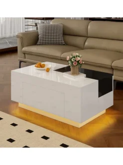 Ausziehbarer Couchtisch mit LED einstellbarem Lichtband und Stauraum, Weiß