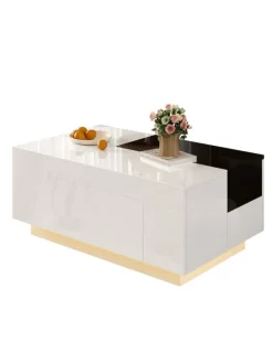 Ausziehbarer Couchtisch mit LED einstellbarem Lichtband und Stauraum, Weiß