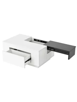 Ausziehbarer Couchtisch mit LED einstellbarem Lichtband und Stauraum, Weiß