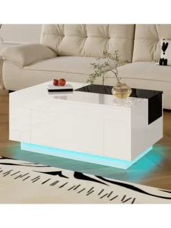 Ausziehbarer Couchtisch mit LED einstellbarem Lichtband und Stauraum, Weiß