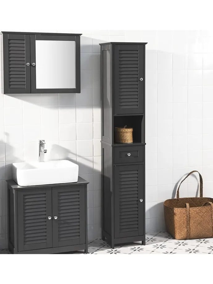 Badezimmer-Hochschrank in Drunkelgrau - (B)32 x (H)170 x (T)30cm