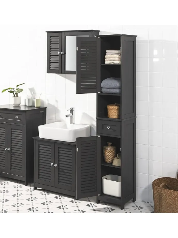 Badezimmer-Hochschrank in Drunkelgrau - (B)32 x (H)170 x (T)30cm