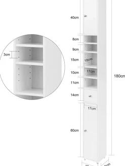 Badezimmer-Hochschrank in Weiß - (B)20 x (H)180 x (T)20cm