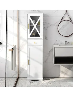 Badezimmerschrank 168 cm platzsparend schmal in Weiß