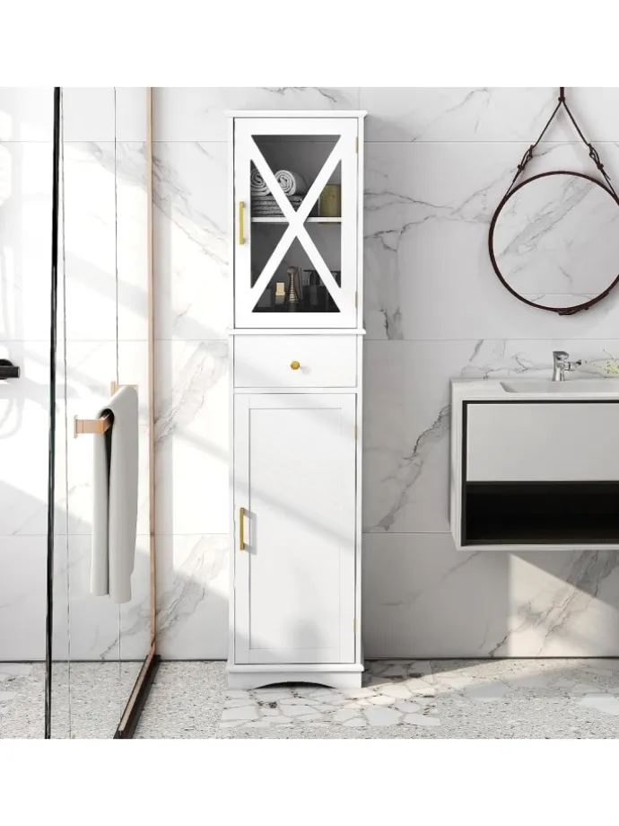 Badezimmerschrank 168 cm platzsparend schmal in Weiß