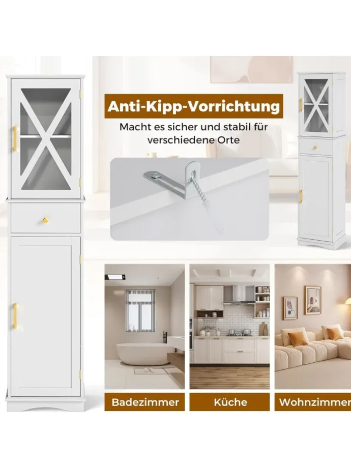 Badezimmerschrank 168 cm platzsparend schmal in Weiß