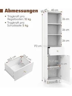 Badezimmerschrank schmal 40 x 30 x 172 cm in Weiß