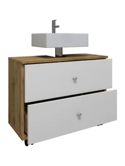 Badmöbel Badunterschrank Rollen Schublade Nilosi L in Honig-Eiche / Weiß