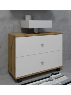 Badmöbel Badunterschrank Rollen Schublade Nilosi L in Honig-Eiche / Weiß