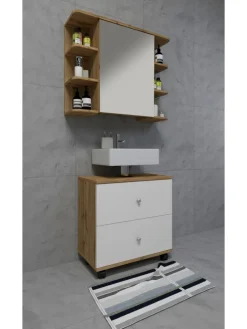 Badmöbel Badunterschrank Rollen Schublade Nilosi L in Honig-Eiche / Weiß