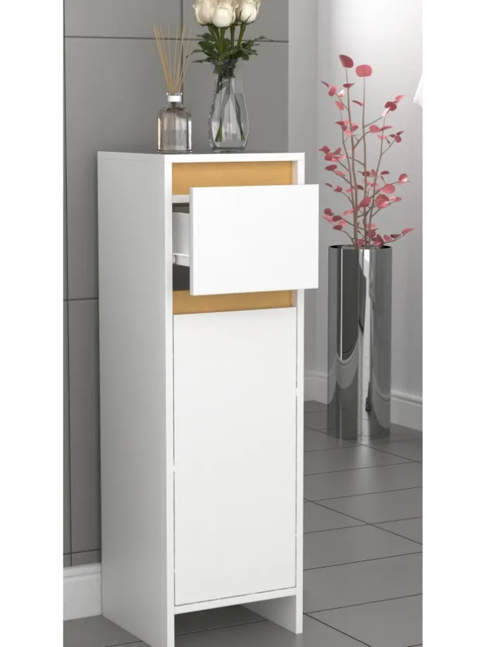 Badmöbel Midischrank Badschrank Schublade Malira in Weiß / Honig-Eiche