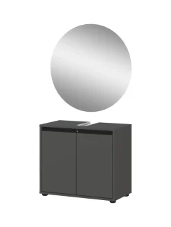 Badmöbel Set 2-tlg. Waschbeckunterschrank, Runder Spiegel, Badset in Graphit