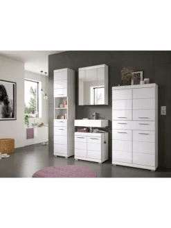 Badmidischrank in weiß/weiß hochglanz - (B) 74 x (H) 141 x (T) 31