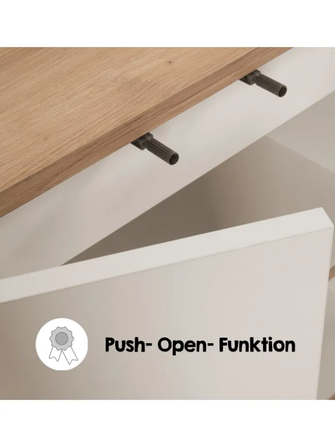 Badschrank MORENA mit 4 Türen und 2 offenen Fächern, Cashmere/Eiche