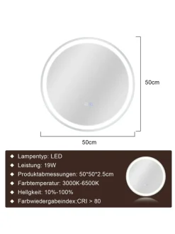 Badspiegel mit Beleuchtung in nickel rund Ø50cm Dimmbar mit Touch-Schalter