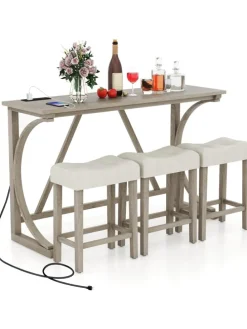 Bartisch Set Massivholz mit 3er Set Barhocker in Beige
