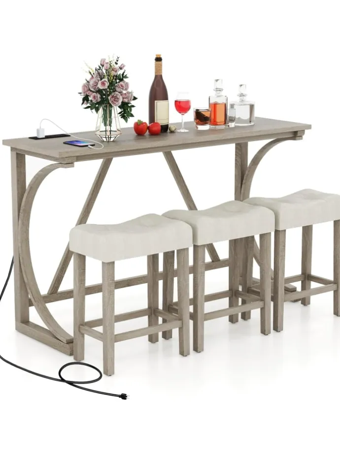 Bartisch Set Massivholz mit 3er Set Barhocker in Beige