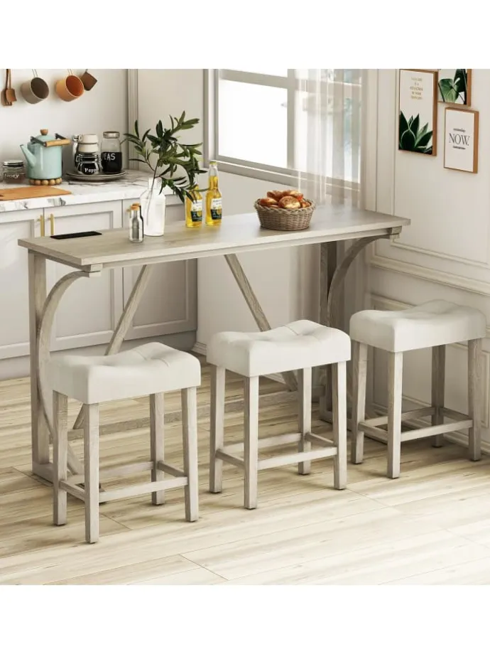 Bartisch Set Massivholz mit 3er Set Barhocker in Beige