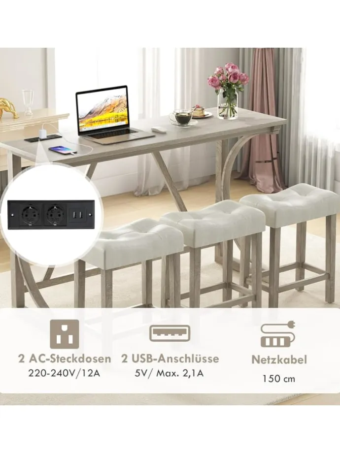Bartisch Set Massivholz mit 3er Set Barhocker in Beige