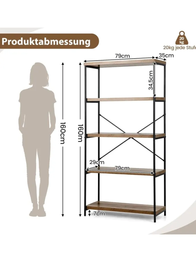Bücherregal mit 5 Ebenen in Braun