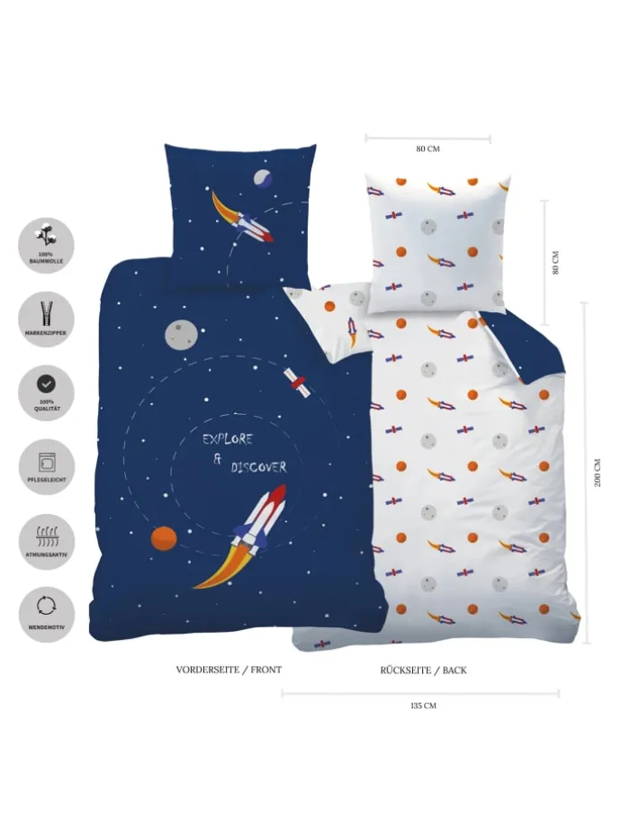 Bettwäsche-Set "Weltall, Rakete, Planeten" in Dunkelblau